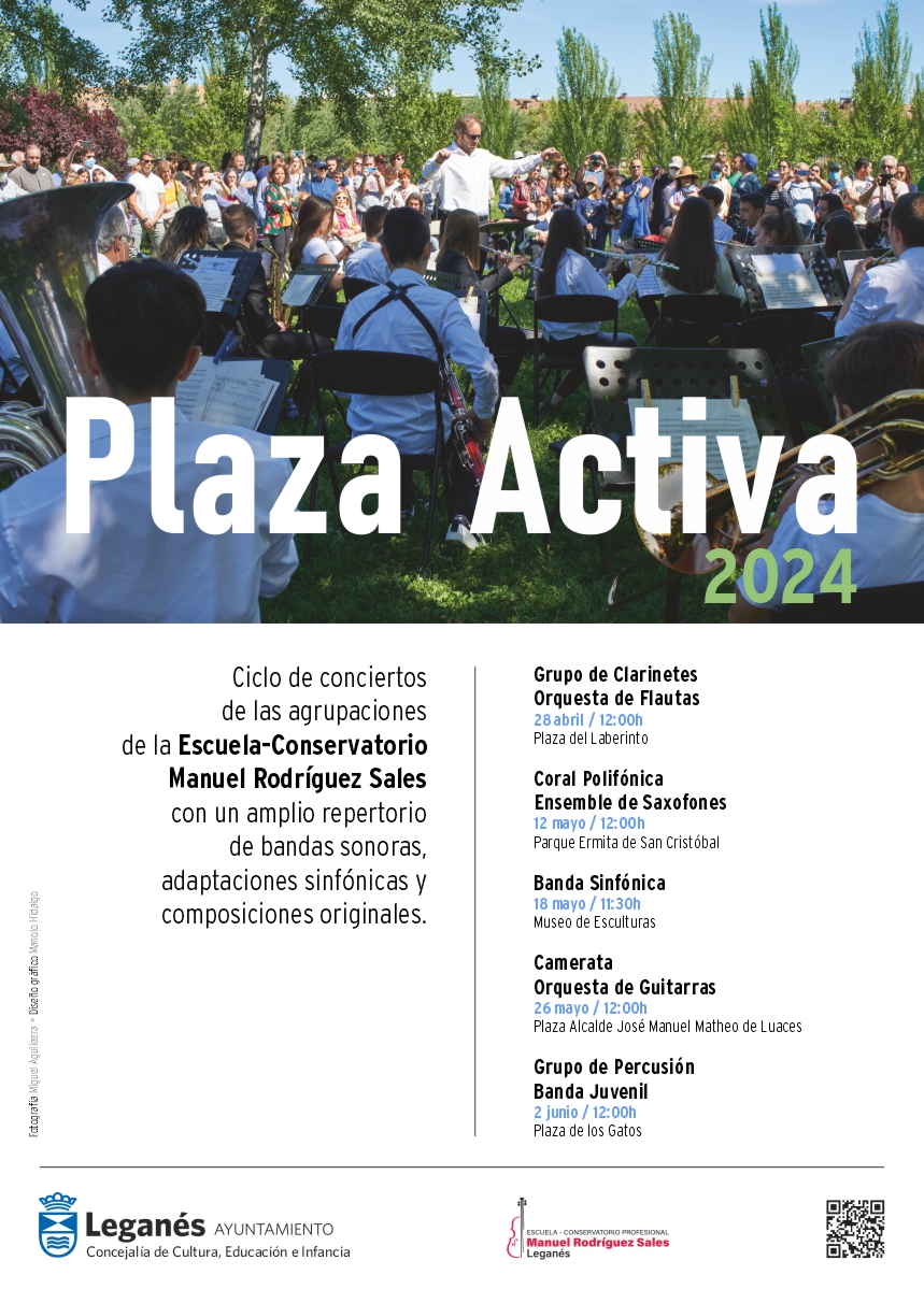 🎼🎵 Este domingo comienza el Ciclo de Conciertos 'Plaza Activa' de las agrupaciones de la Escuela Conservatorio Manuel Rodríguez Sales de #Leganés 🗓️ A las 12:00h en la Plaza del Laberinto, actuará el Grupo de Clarinetes y la Orquesta de Flautas