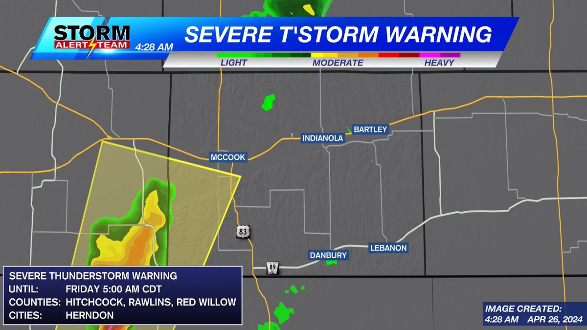 WEATHER ALERT: A Severe Thunderstorm Warning has been issued in Red Willow County. Stay with the Storm Alert Team for the latest weather information.