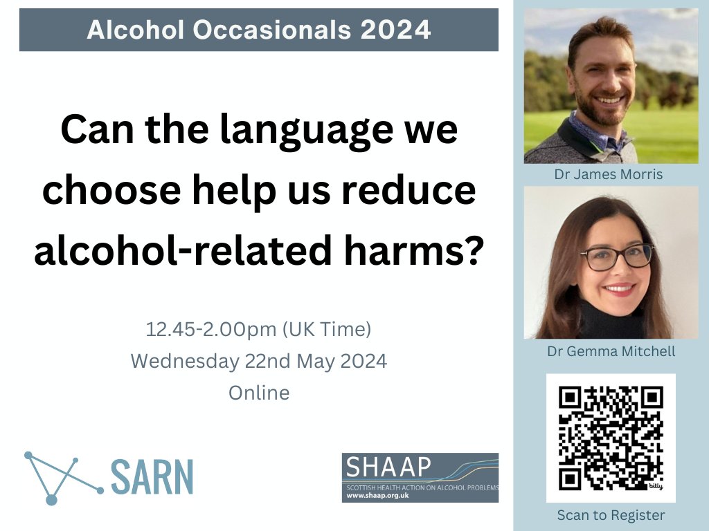 Scottish Alcohol Research Network (SARN) (@sarnalcohol) on Twitter photo Register now for our 3rd Alcohol Occasional seminar!
<a href="/jamesmorris24/">James Morris</a> & @GemmaMi38728064 will discuss how the language we choose may help us to reduce alcohol-related harms.
🗓️ Wed 22 May
⏰ 12.45 - 2pm
🌐 Online
bit.ly/4attK0q Register now for our 3rd Alcohol Occasional seminar!
<a href="/jamesmorris24/">James Morris</a> & @GemmaMi38728064 will discuss how the language we choose may help us to reduce alcohol-related harms.
🗓️ Wed 22 May
⏰ 12.45 - 2pm
🌐 Online
bit.ly/4attK0q