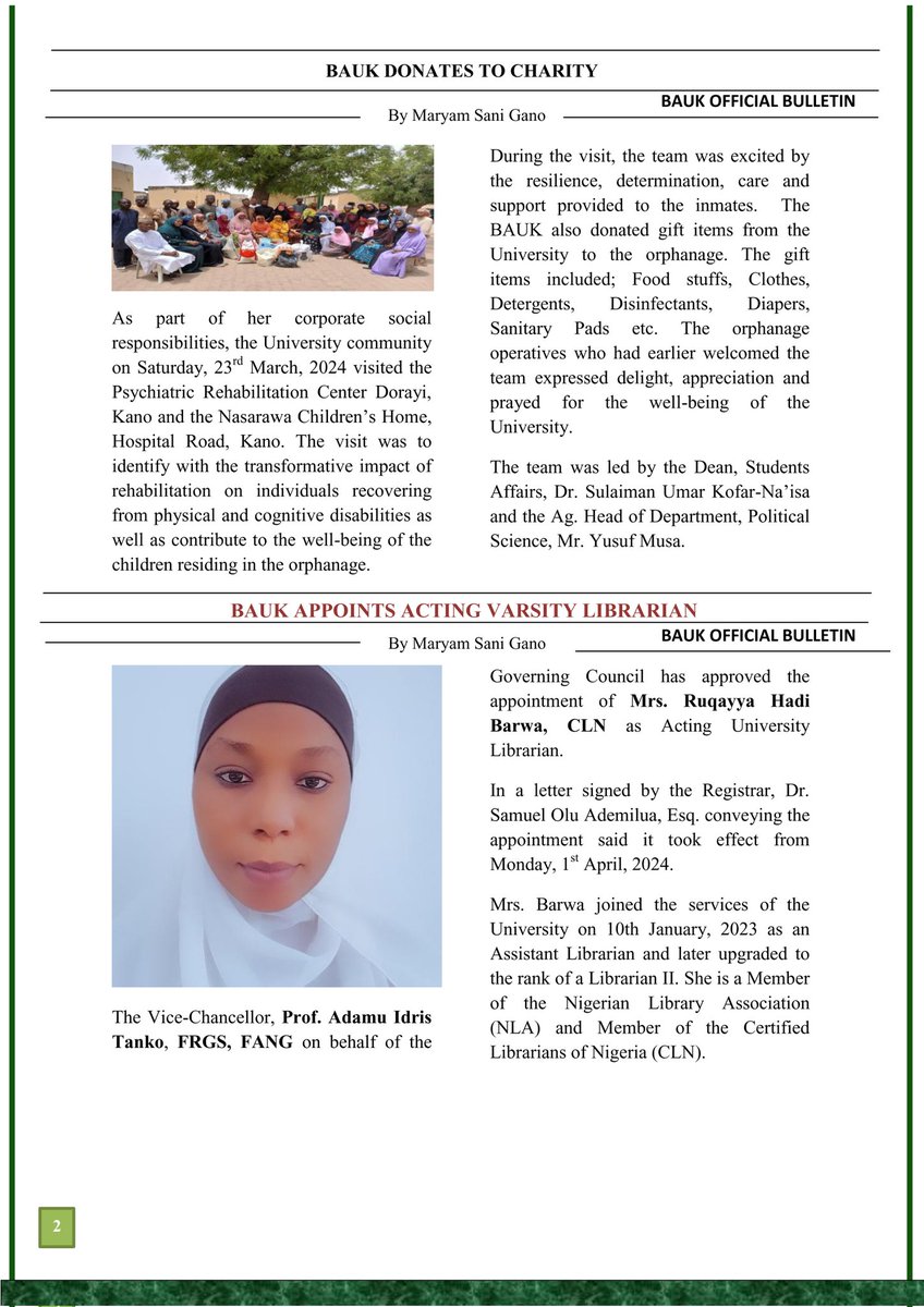 BauKano's tweet photo. BAUK BI-MONTHLY BULLETIN 

*BAUK CELEBRATES ONE OF ITS OWN
*BAUK DONATES TO CHARITY 
*BAUK APPOINTS ACTING VARSITY LIBRARIAN 
*AZMAN UNIVERSITY SEEKS COLLABORATION WITH BAUK 
*GONE TOO SOON: DR. NURUDDEEN A. LIMAN https://t.co/imV5jtBuG7