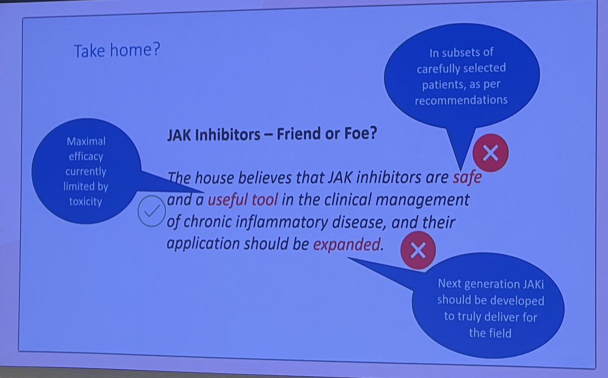 @RheumatologyUK JAK inhibitors - Friend or Foe? The next generation JAK’s / more selective JAK’s appear to be the future in this class as there is a fine line between efficacy and toxicity. “We should not bundle all of these together.” @IainBMcInnes1 Great debate! #BSR24