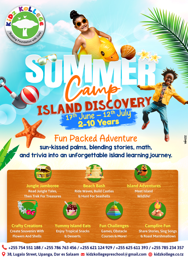 Join #KidzKollege’s #IslandDiscovery #SummerCamp! 🏝️ From June 17th to July 12th in Upanga, kids aged 2-10 will enjoy #jungle explorations, #beach fun, #wildlife encounters, #crafts, #challenges, and more! Mon-Fri, 9am-12pm. Reserve your spot now! 📱 +255 785 234 357