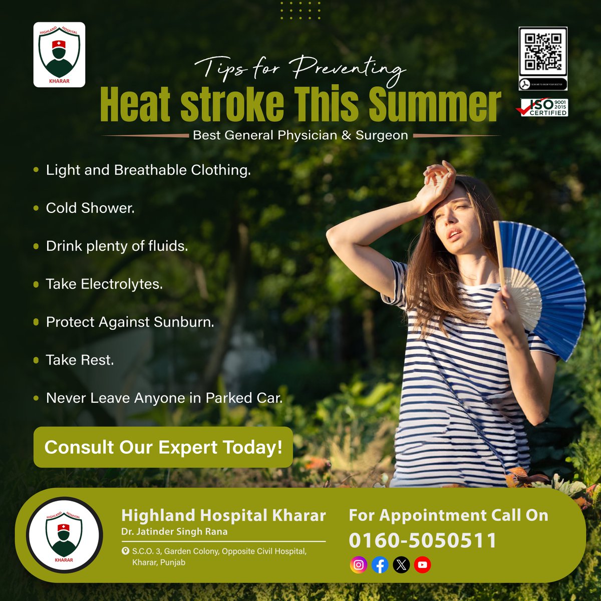 Summer is here, and so is the #risk of heat stroke! Follow us for our top #tips to prevent #heatstroke and enjoy a safe #summer!
.
#Health #FactCheck #DonateBlood #Kharar #Mohali #DrJatinderSingh #Besthospital #heatstroke #stroke #summers #StayCool #Hydrate #SunSafety #HealthTips