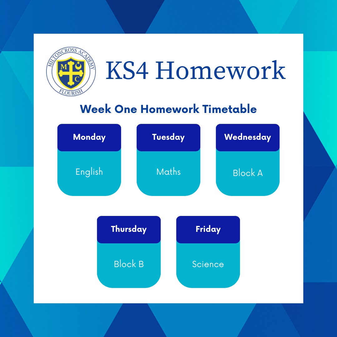 Attached are the Week One homework timetables for KS3 and KS4 students. As always, for further information, please speak to your subject teachers.