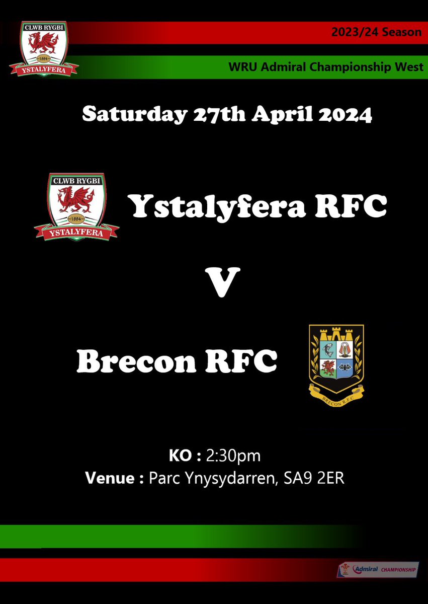 Fixture Update A quick turnaround and for the final time, we return home for our last fixture of the season. @ystalyferarfc V @BRECONRFC 🏆 @WRUChampionship West 🗓️ Saturday 27th April 2024 🕝 KO 2:30pm 📍 Parc Ynysydarren, SA9 2ER @AllWalesSport