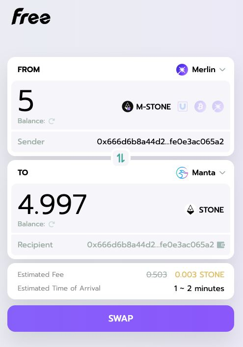 Protocol_Free's tweet photo. 🪄 It's time to bridge out your M-STONE from @MerlinLayer2!

For users who need to unlock M-STONE in #MerlinSeal, here is a step-by-step guide to follow:

1. Go to https://t.co/htxLeqYjm9 and claim your M-STONE.

2. For the bridging amount less than 5 M-STONE, go to  https://t.co/ArnTo6TTAq and bridge out your STONE immediately. 
>> Bridging to Manta: Maximum 5 M-STONE per transaction
>> Bridging to Ethereum: Maximum 1 M-STONE per transaction

3. For bridging amount more than 5 M-STONE, please use the lock-mint channel provided by @FreeLayer2, kindly note that it will take 3 days to receive the STONE token through this channel: 🔗https://t.co/UHxb0fmJpp
1⃣ Connect the wallet and select the Merlin chain.
2⃣ Enter the amount you want to receive on Manta or Ethereum.
3⃣ Attach the recipient address where you want to receive.

💨All done! You will receive #STONE -@Stake_Stone within 3 days.