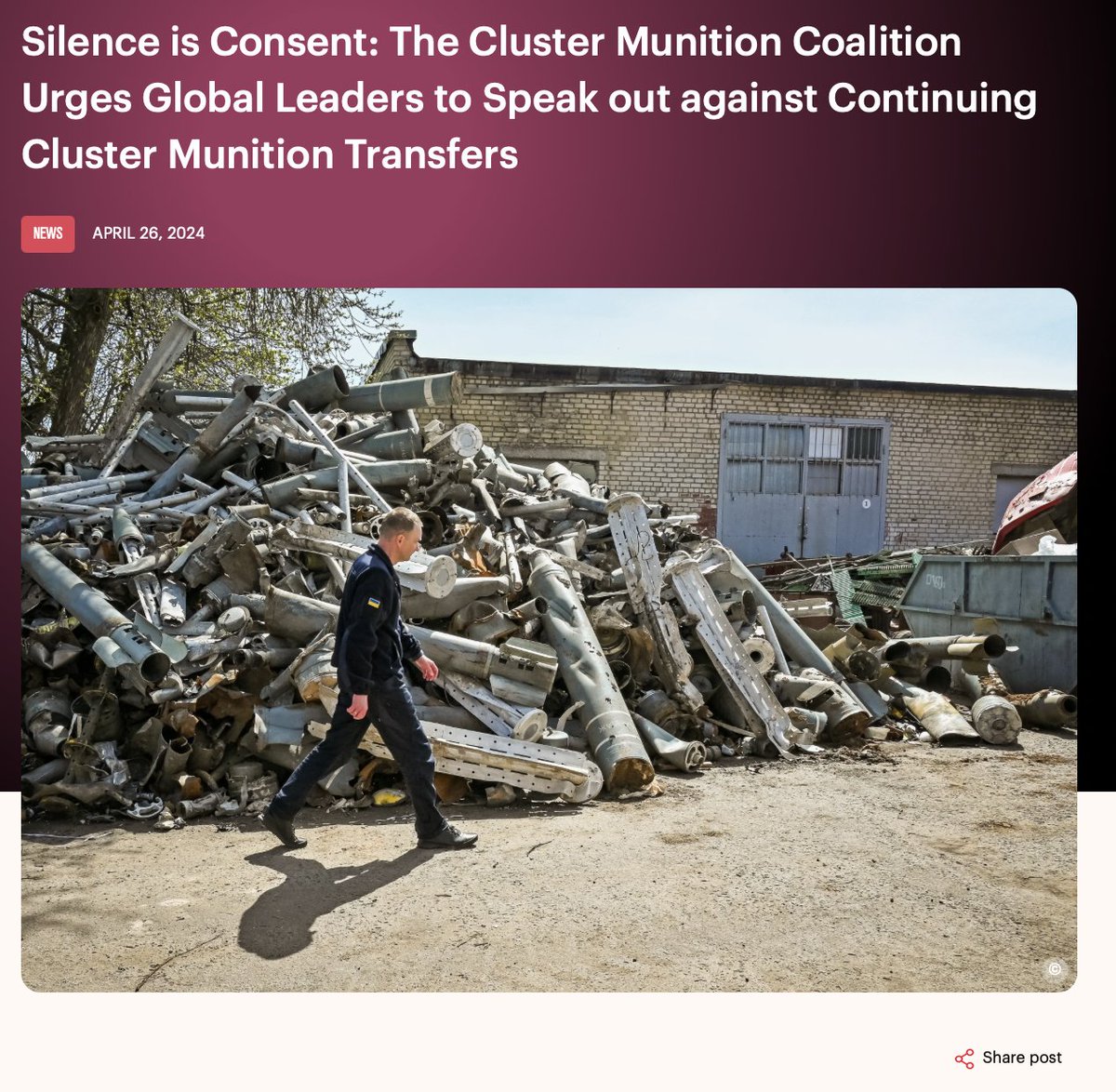 Latest @BanClusterBombs article: 'Silent is Consent: The Continuing Scourge of Cluster Munitions' condemns latest US cluster munition transfer to Ukraine & calls on States Parties to uphold the Convention principles. Read and share! bit.ly/4bbTsX7