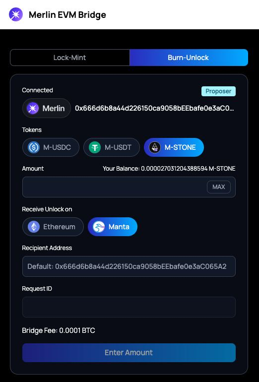 🪄 It's time to bridge out your M-STONE from <a href="/MerlinLayer2/">Merlin Chain</a>!

For users who need to unlock M-STONE in #MerlinSeal, here is a step-by-step guide to follow:

1. Go to merlin-seal.meson.fi/claim and claim your M-STONE.

2. For the bridging amount less than 5 M-STONE, go to
