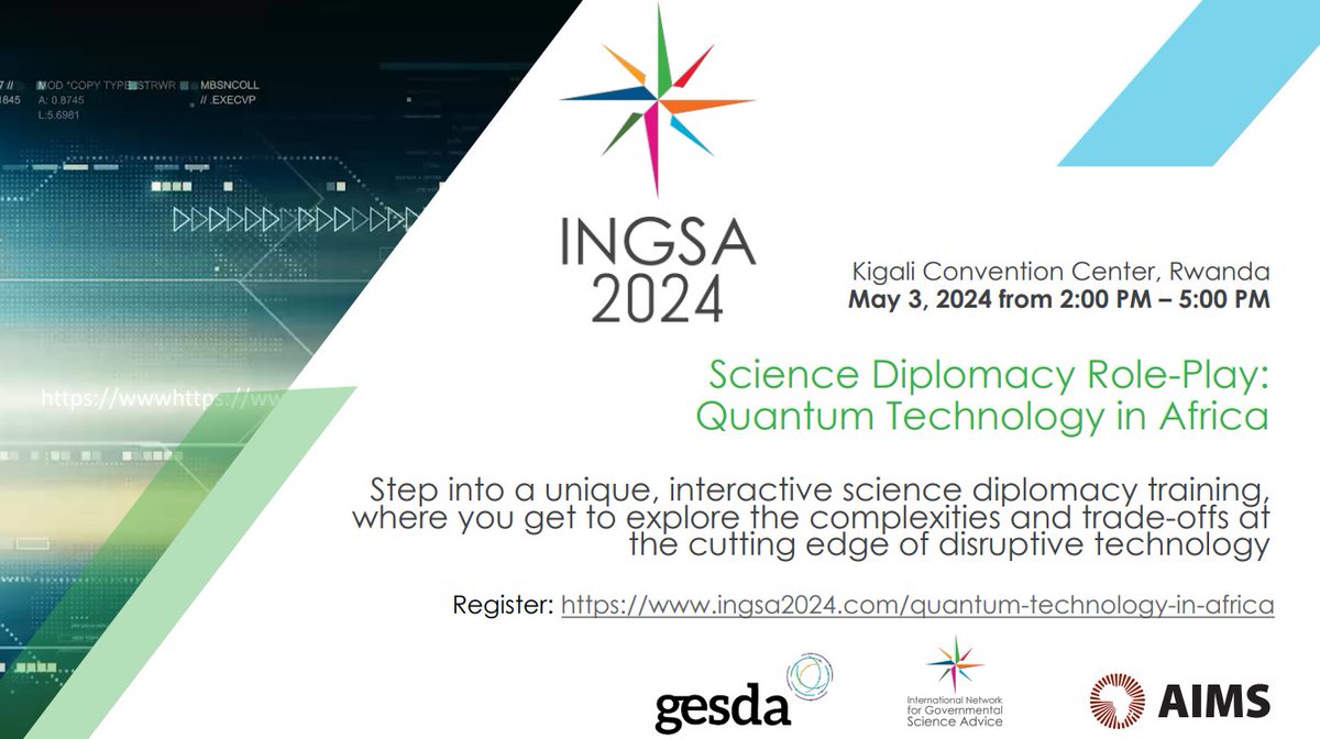 Next week: @INGSciAdvice Conference in Kigali. With partners, we are hosting 3 sessions related to #ScienceDiplomacy: 

1- More on @GESDAglobal Radar: bit.ly/3UzAdBn 
2- High-level dialogue: bit.ly/49U8sHS
3- Workshop on Quantum Tech bit.ly/49PBEjj