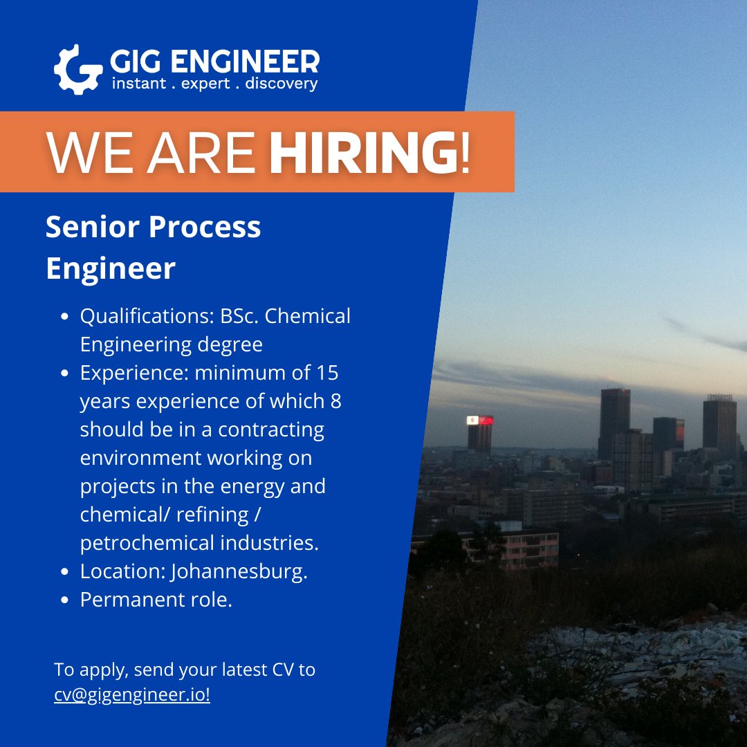 🌟 Exciting career opportunities in Johannesburg - Share this with your network! 🌟

C&I Manager
Senior Electrical Engineer
Senior Process Engineer
Senior Control System Engineer

Send your CV to cv@gigengineer.io.

#EngineeringJobs #JohannesburgJobs #CareerOpportunities