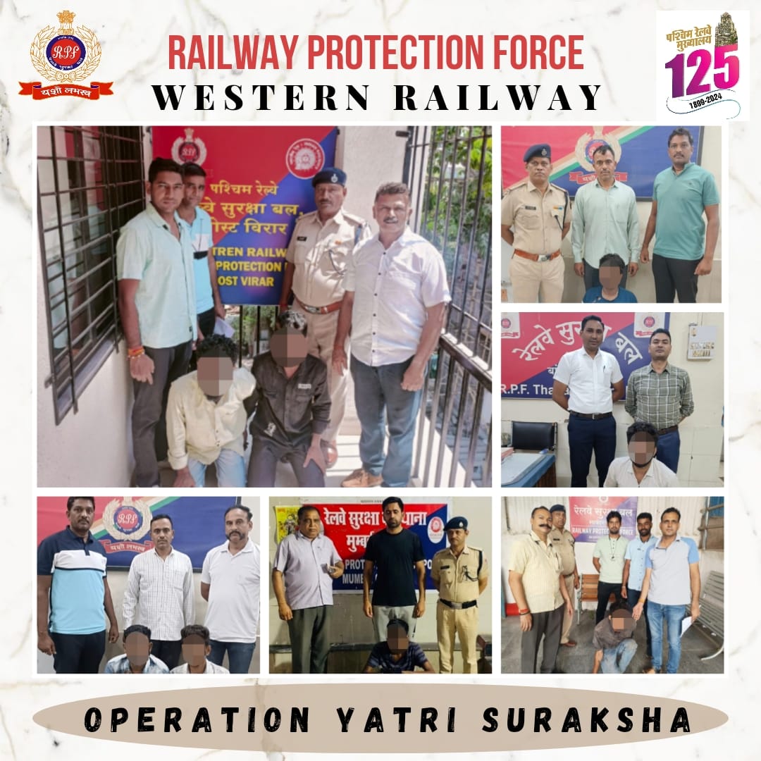 Under Operation Yatri Suraksha, On April 25, 2024, vigilant RPF cops apprehended eight thieves with stolen property valued at Rs 1,20,299 at Mumbai Central, Bandra Local, Bhayandar, Virar and Surat stations. After inquiry, handed over to GRP for further legal action. @RPF_INDIA