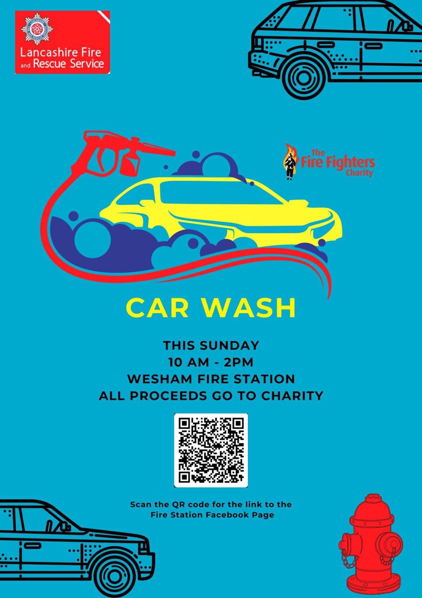 🧼 Our friends at @Wesham_Fire have a car wash fundraiser this Sunday 10am-2pm raising funds for @firefighters999 . 🚗 Take your car for a clean and say hi to the crew! #Wesham #CarWash #Lytham 👨‍🚒