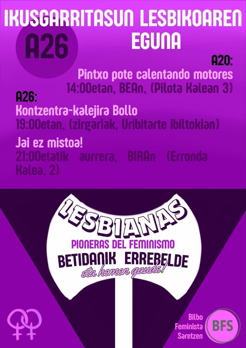 HOY, en el DÍA de la VISIBILIDAD LÉSBICA , una vez más, desde ALDARTE y  junto al movimiento feminista de Bilbao, nos sumamos a la reivindicación de  salir a las calles para recordar que el lesbianismo es una apuesta política de cambio de modelo social!