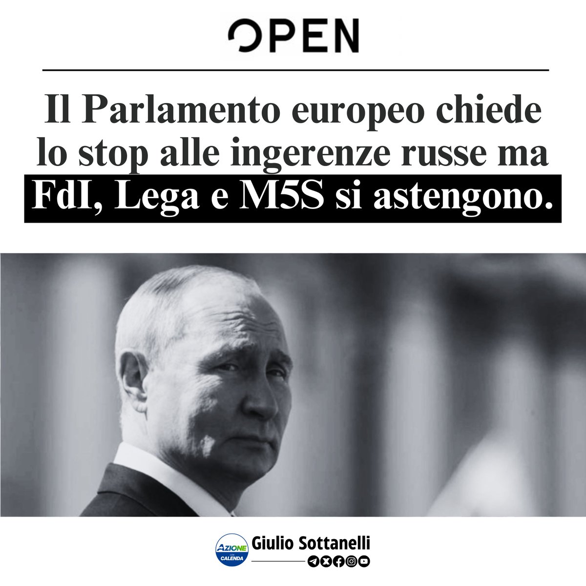 FDI, Lega e M5S si astengono alla richiesta dell'UE di contrastare ingerenze russe sulle prossime elezioni. Sono veramente questi i nostri rappresentanti in Europa? L'8 e il 9 giugno dovremo scegliere tra ingerenze russe e un'Europa in nome della libertà e della democrazia.