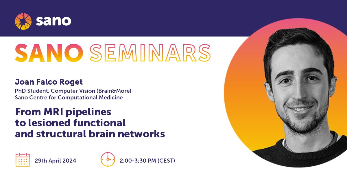 Join our knowledge sharing meeting on Monday #Sano #seminars 👉 29th April 2024, 2:00-3:30 PM (CEST) 👉 Joan Falco Roget (PhD Student, Computer Vision) will talk about 'From MRI pipelines to lesioned functional and structural brain networks'🫵 #zoom us06web.zoom.us/j/81263292238#…