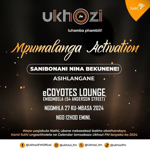 Sanibonani nina Bekunene... Asihlangane eCoyotes Lounge eMbombela (54 Anderson Street eMbombela) ngomhlaka 27 ku-Mbasa 2024 ngo 12h00 emini Woza uzojabula nathi, ubone nabasakazi bakho obathandayo bomsakazo Ukhozi FM Ukhozi FM Luhamba Phambili! #UkhoziFM #30YearsOfDemocracy