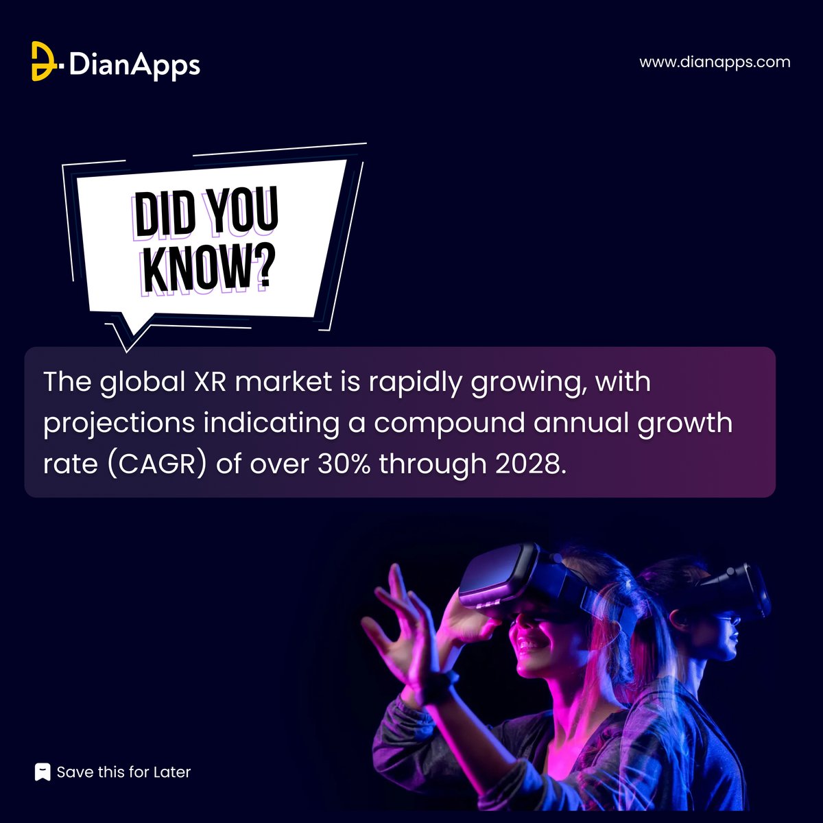 The global Extended Reality (XR) market, encompassing Virtual Reality, Augmented Reality, and Mixed Reality, is on a steep rise, with a projected annual growth rate of over 30% until 2028. 

#xr #extendedreality #dianapps #innovation #growthmindset