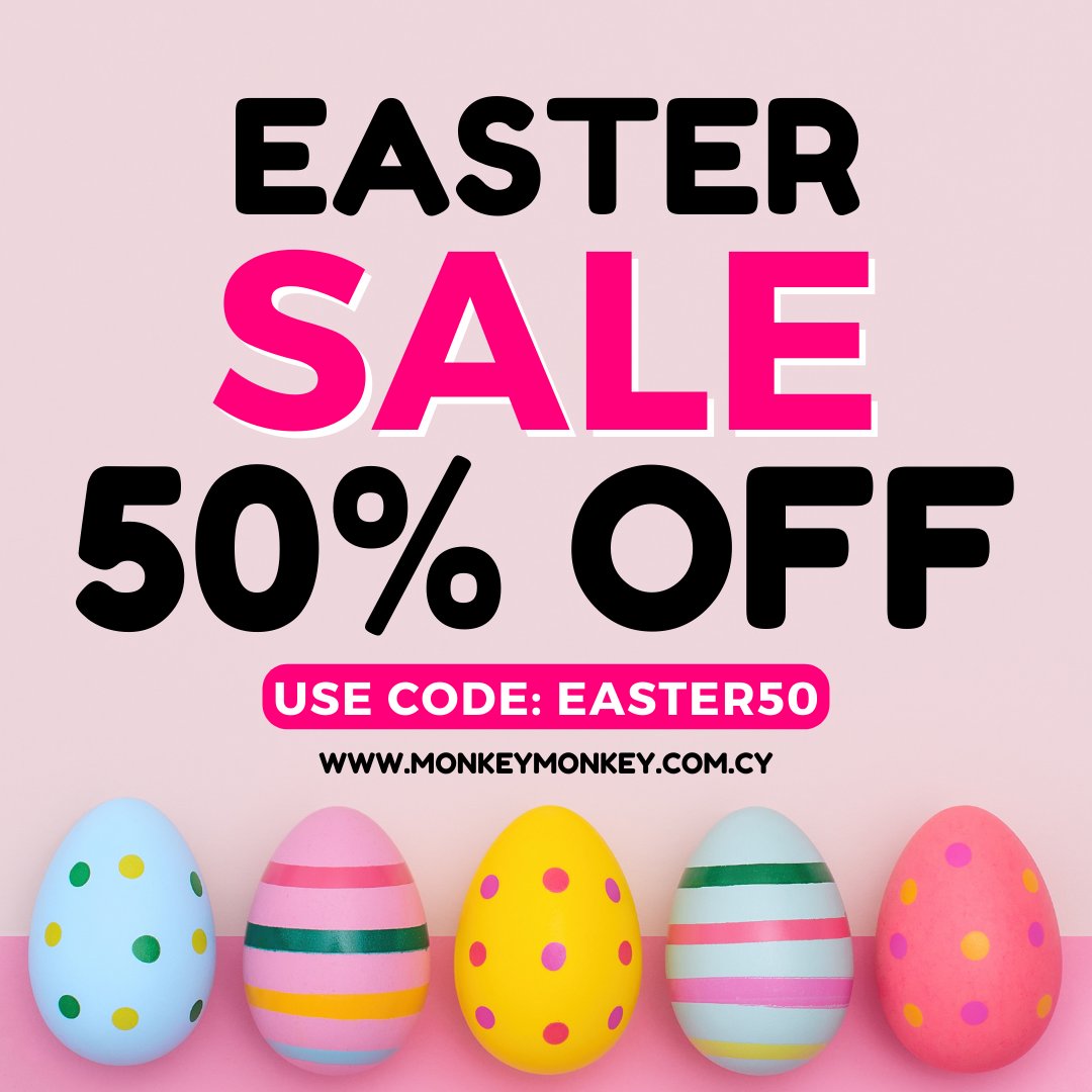 MonkeyMonkeyCy's tweet photo. Easter Sale: 50% off everything! 🤩

🔗 Shop Now: https://t.co/1o5irvmNhJ
🚚 Delivery all over Cyprus
.
.
.
.
.
#πασχα #δωρα #κυπρος #eastersale #sale #kipros #eshop #cyprus https://t.co/LEq3nazCk3