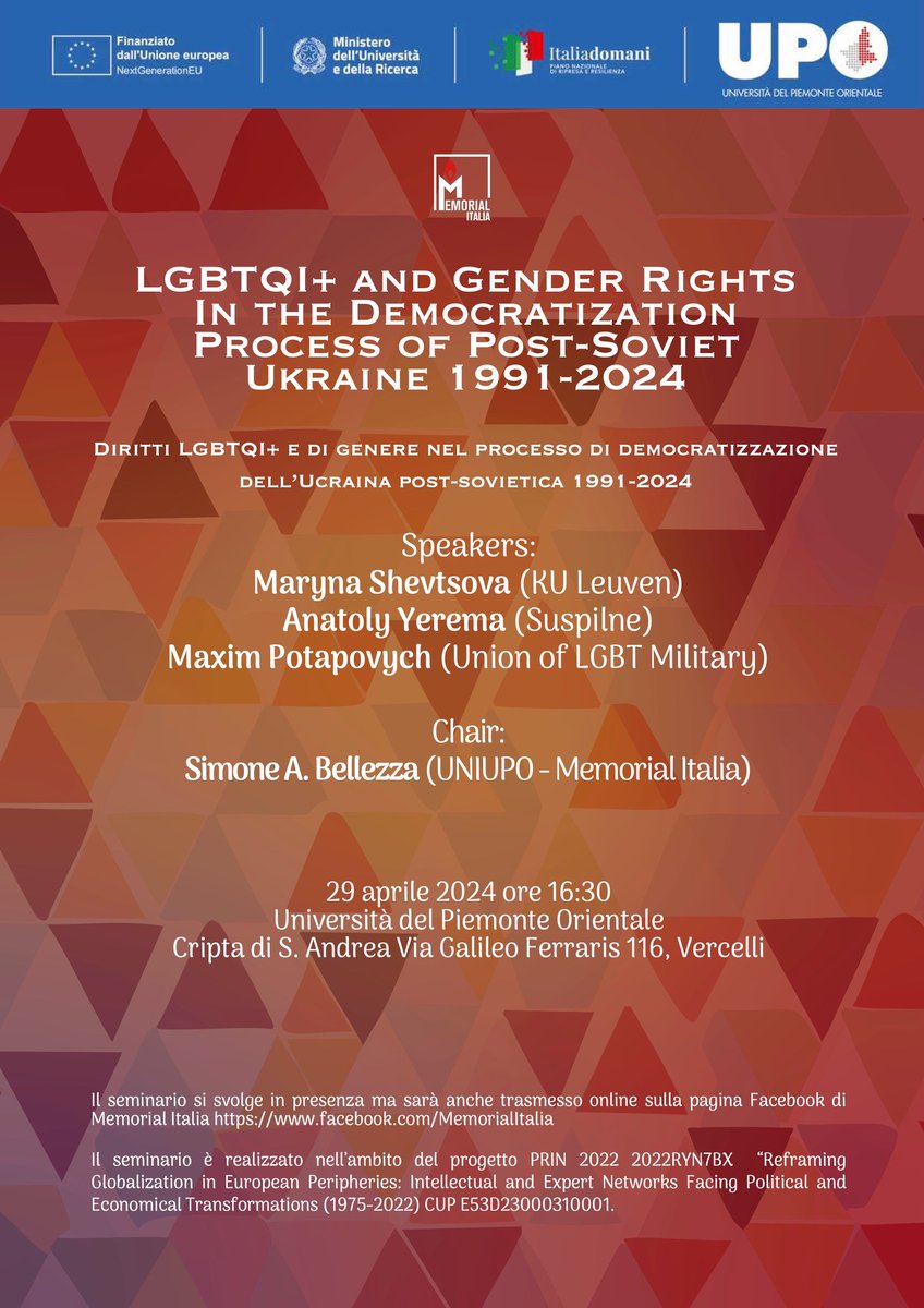 I could not go to Torino for the Eurovision (boomer!), so I am going to speak about LGBTQ+ rights in Ukraine with two other great speakers—Anatoly Yerema and Maxim Potapovych from the Union of LGBT Military! Join us online or offline! facebook.com/events/1130876…