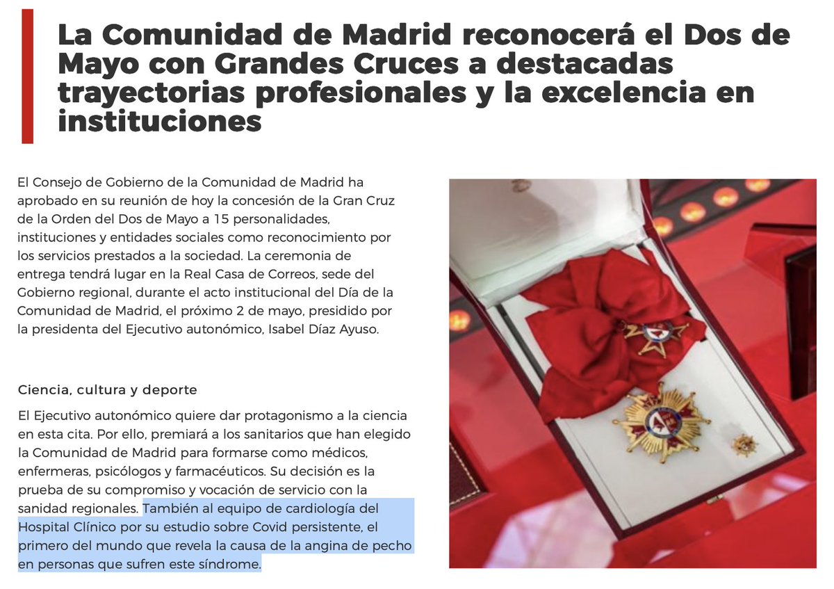 We are proud to announce that our Cardiology Service will be awarded the highest distinction from the @ComunidadMadrid for our research on microvascular angina, in this case in patients with #LongCovid. shorturl.at/bnDK6 @CardioRed1 @IIS_IdISSC @SaludISCIII @PCRonline