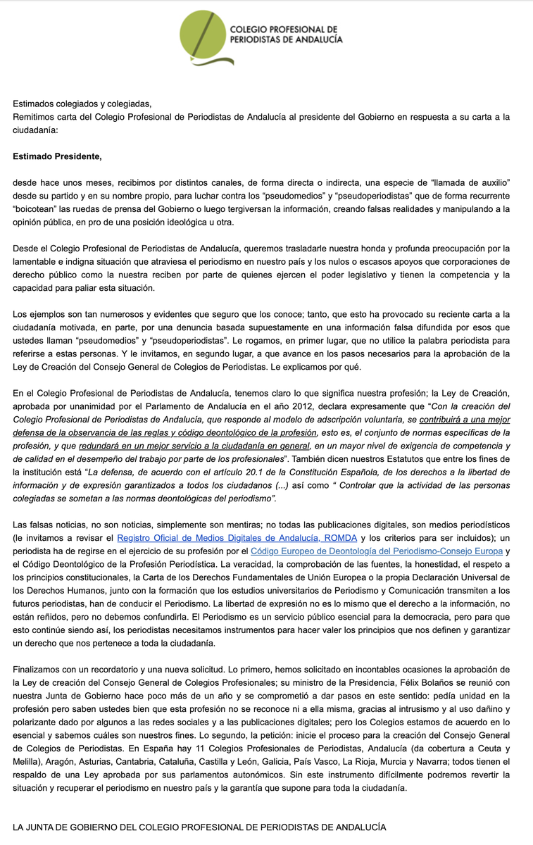 Pepe_Fdez's tweet image. Carta al Presidente del Gobierno de los profesionales del periodismo andaluz a través del #CPPA.

&quot;Desde el Colegio Profesional de Periodistas de Andalucía, ( @PeriodistasAND)  queremos trasladarle nuestra honda y profunda preocupación por la lamentable e indigna situación que…