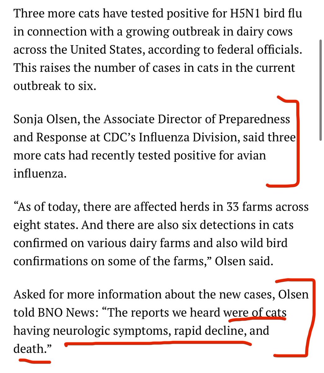 ⚠️Bad signal—CDC confirming—“cats having neurologic symptoms, rapid decline, and death” from H5N1 #birdflu. 3 more cases in cats 🐈 on dairy farms… now 6 total. ➡️The prior 3 bird flu positive cats? All dead now. Likely more. This is mammalian adaptation. bnonews.com/index.php/2024…