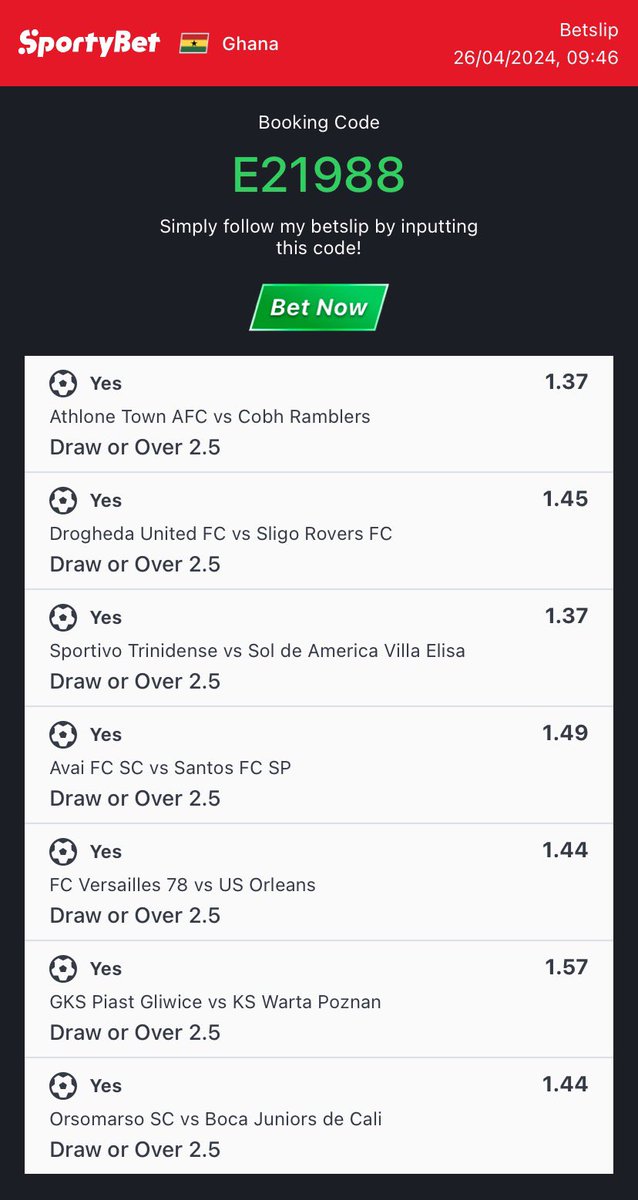 SPORTYBET MIRACLE

TICKET 1- E21988
TICKET 2- B598693E

Edit to your taste
Bet responsibly