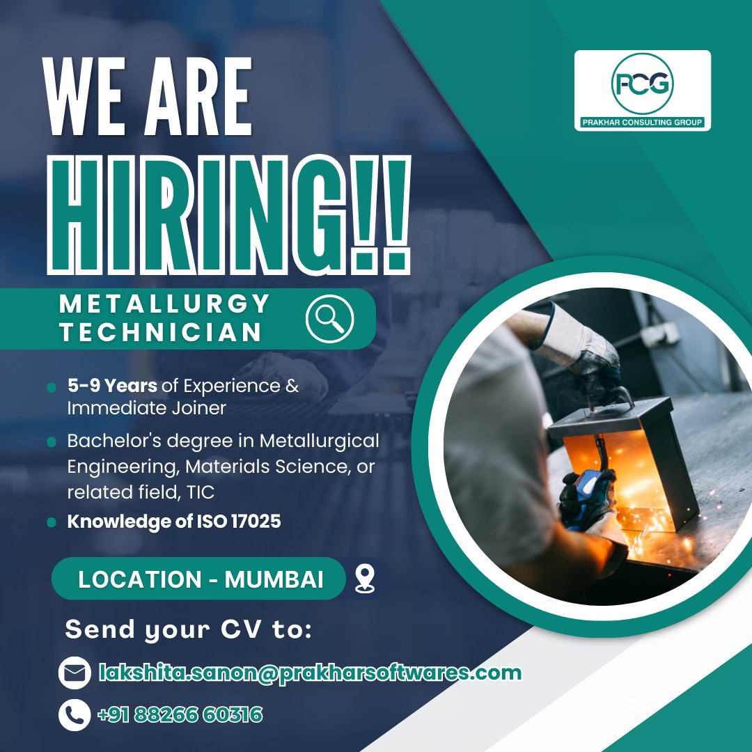 Apply now! Ready for an exciting career? We're hiring passionate and experienced individuals in positions: Metallurgy Technician.
Send your CV to lakshita.sanon@prakharsoftwares.com
Contact no- +91 8826660316
#prakharconsultinggroup #jobopportunity #NowHiring #professionals #jobs