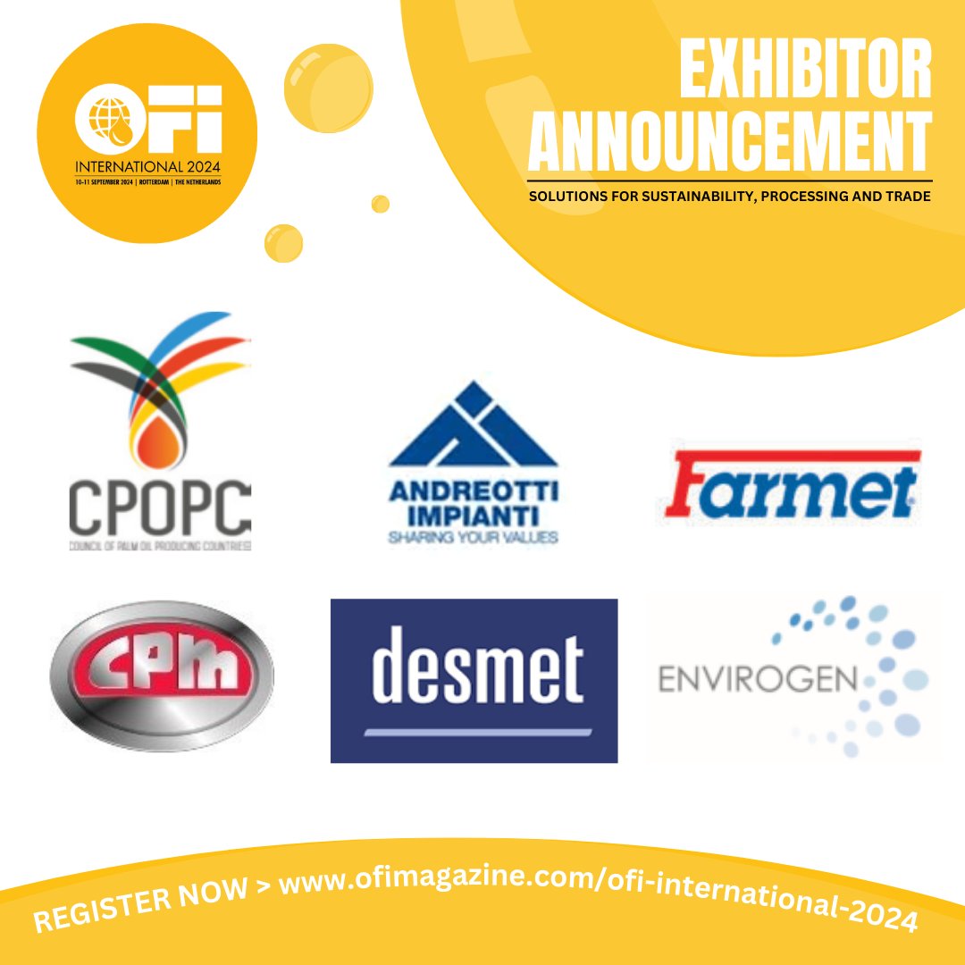 OFI International - Exhibitor Announcement

We are delighted to announce our exhibitors for OFI international 2024.

Register now > bit.ly/3U5cI1y

#oils #fats #oilsandfats #international #rotterdam #sustainability #processing #trade #asian #global