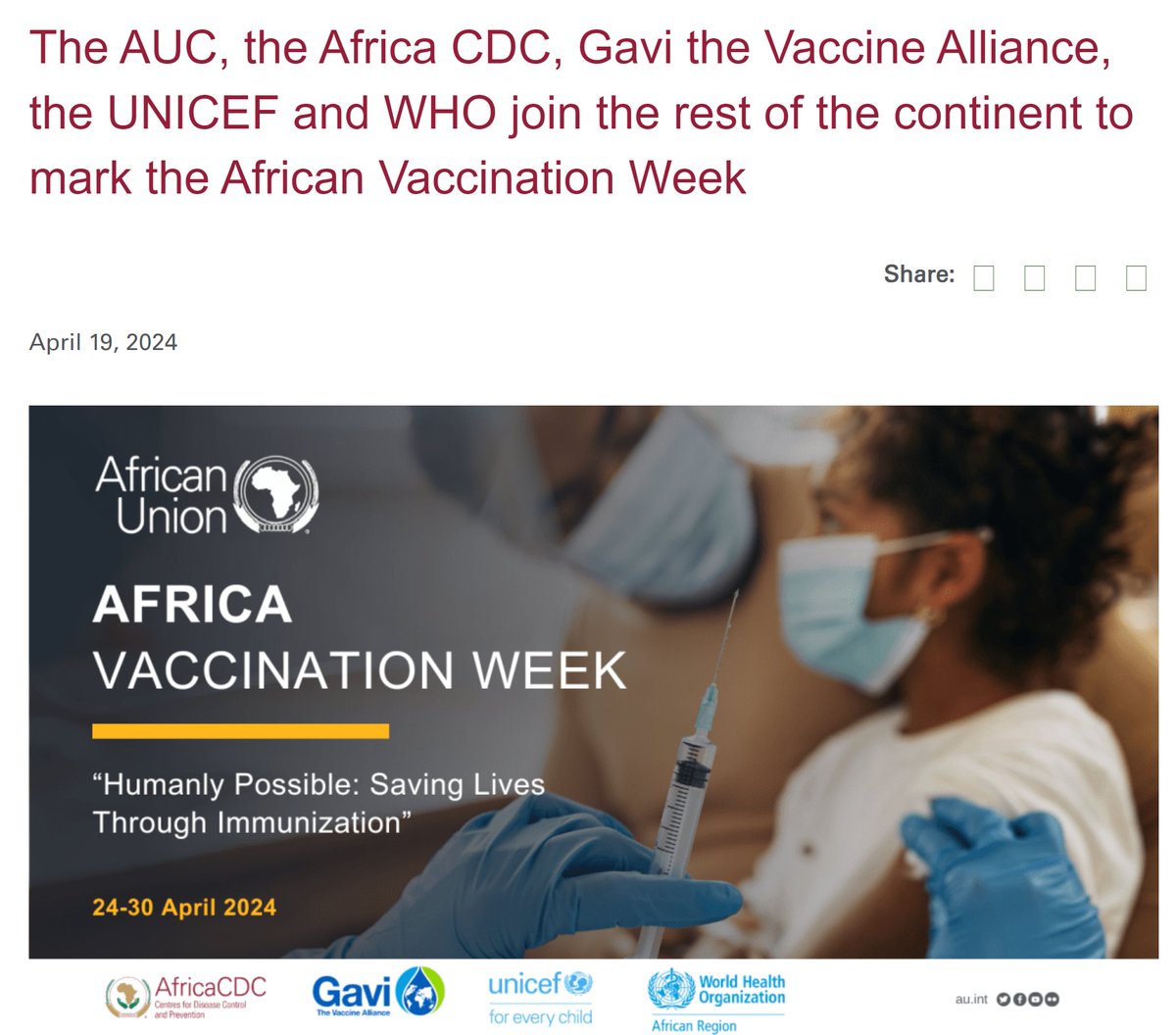 The @_AfricanUnion , the @AfricaCDC, @gavi , the @UNICEF and @WHOAFRO join the rest of the continent to mark the #AfricaVaccinationWeek #WorldImmunizationWeek Check out the Press Release👇 au.int/en/pressreleas…