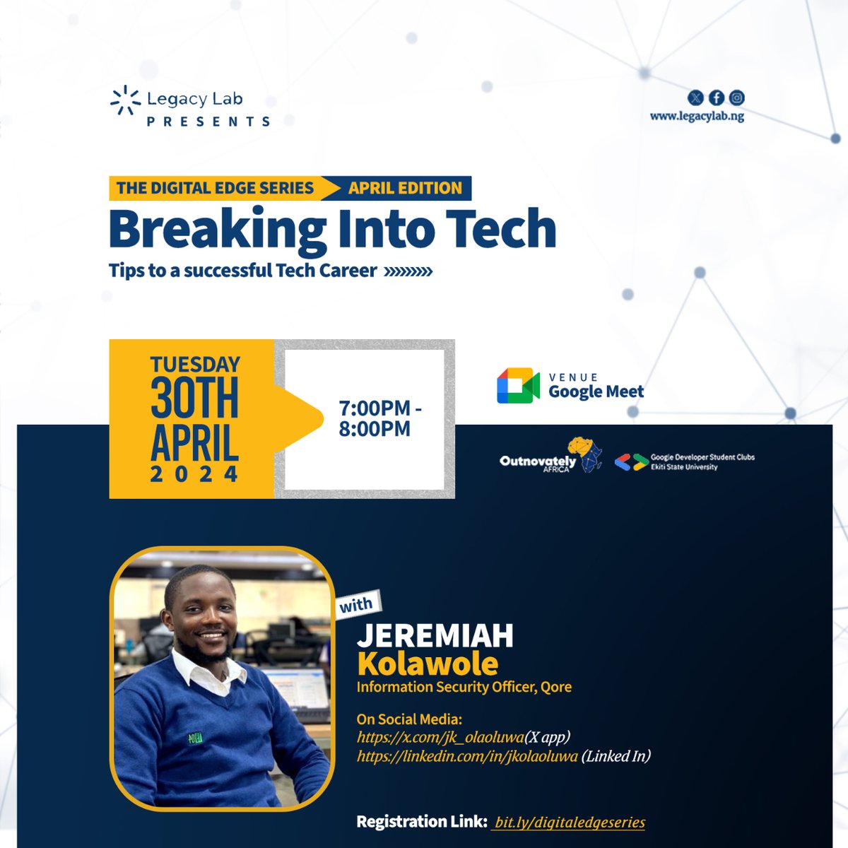 Who's ready to level up their tech game? Join Jeremiah Kolawole @jk_olaoluwa for The Digital Edge Series: Breaking into Tech.
Reserve a seat at bit.ly/digitaledgeser… and let's break into tech together.
#TheDigitalEdgeSeries #BreakingIntoTech #TechCareer #TechEvent #VirtualEvent