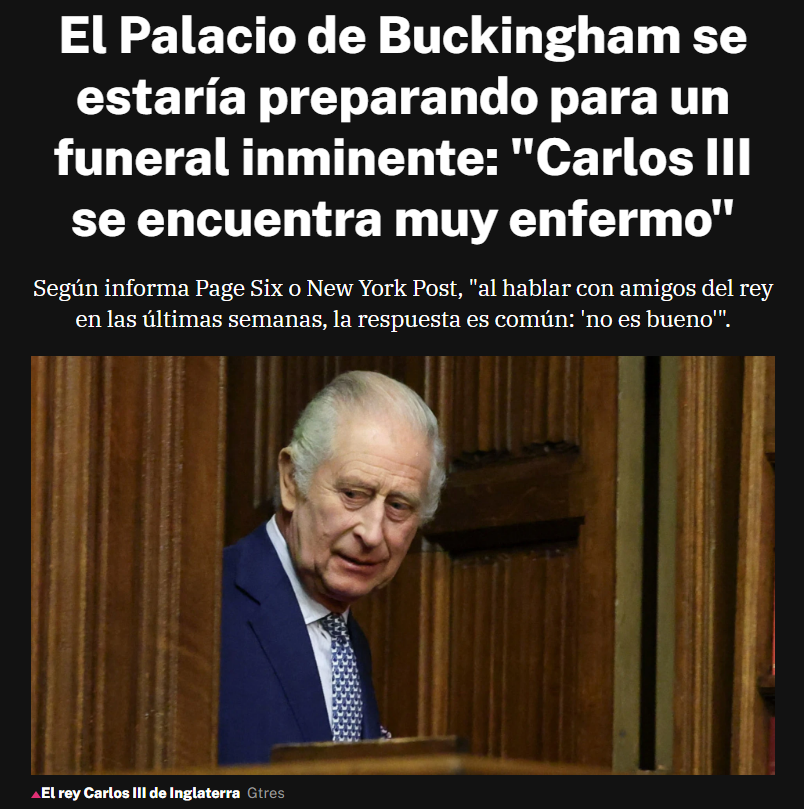 74 años viviendo la vida y ahora que tiene que 'trabajar' el mínimo indispensable como rey, Carlos III va a palmarla. Referente