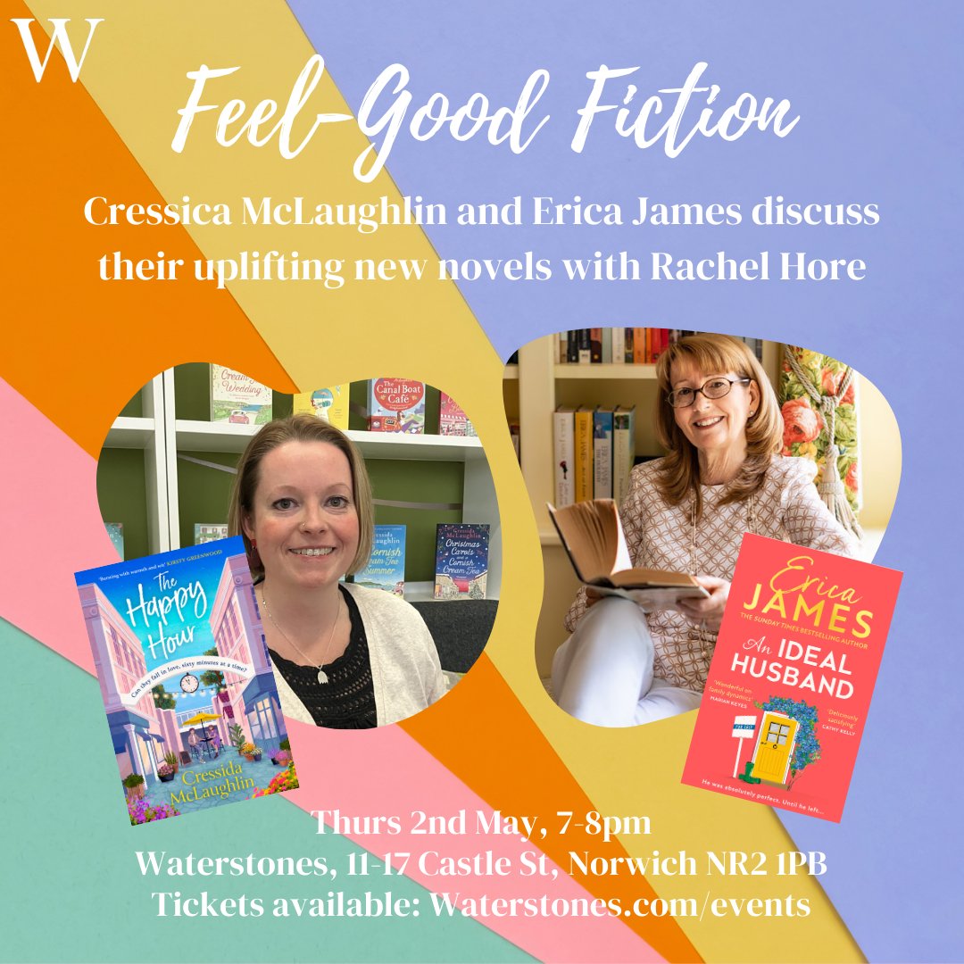 Next Thursday, join @CressMcLaughlin, @TheEricaJames and @Rachelhore for a joyful evening of feel-good fiction at @NorwichStones. Hear all about their uplifting new novels, plus the chance to grab an early copy of #TheHappyHour!