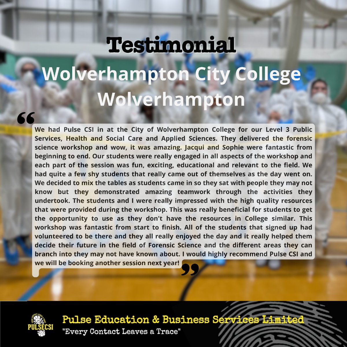 Another great testimonial received from the City of Wolverhampton College
#cityofwolverhamptoncollege #teachersfollowteachers #publicservices #forensicscience #testimonials #officeforstudents #wolvcoll