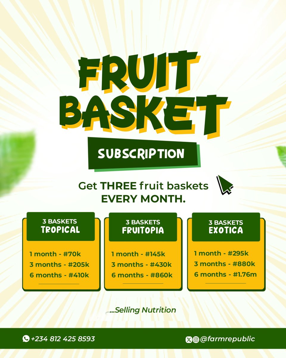 Year Round Delights🤩 Our Fruit Baskets Subscription is a whole new way to enjoy freshness all year round! You get to enjoy a healthy lifestyle with our flexible subscription options and doorstep delivery 🌟 Click wa.me/message/ZXYUWD… to enjoy the delight of fresh fruit.