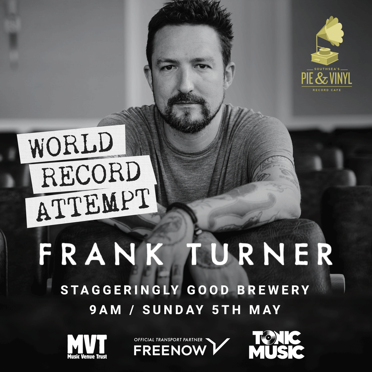 Looking forward to this Sunday and the World Record attempt by @FrankTurner to play the most number of shows in different cities in a 24 hour period with @StaggeringBeer and Southsea's Pie & Vinyl. Alarm clocks set for this one! #MentalHealth #Tonic #Music #Wellbeing