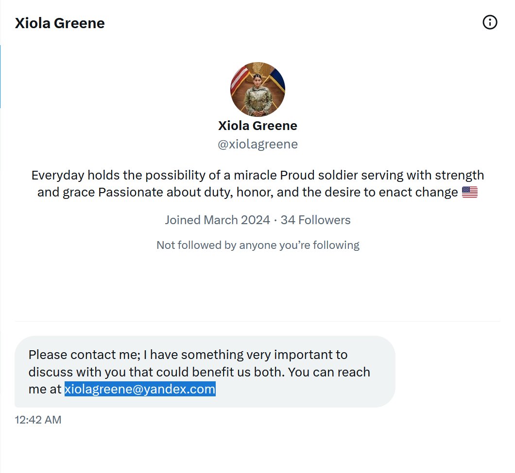 A 'proud American soldier' DMs me but using Russia email Yandex ? Nothing can go wrong here.