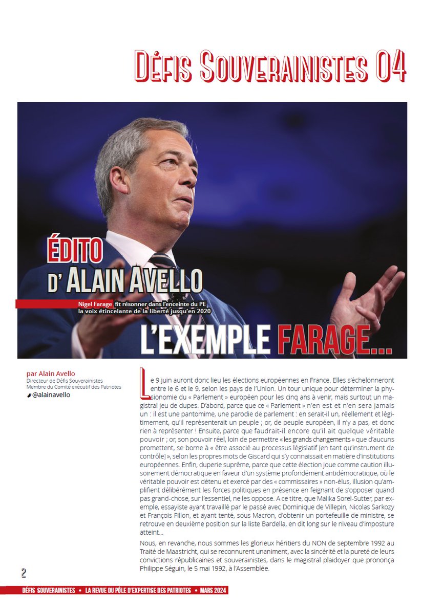 alainavello's tweet photo. 🚨📰Le n°4 de 🇫🇷Défis Souverainistes🇫🇷, la revue papier du #PolEx @_LesPatriotes, est désormais disponible.
Retrouvez dès à présent mon édito : "L'Exemple #Farage..." ⤵️
#Europeennes2024 #Le9JuinJeVoteLesPatriotes 
➡️https://t.co/Rm6ilhDHQd
➡️https://t.co/hr5OrkKdX5 https://t.co/Kk8Zw7Kxso