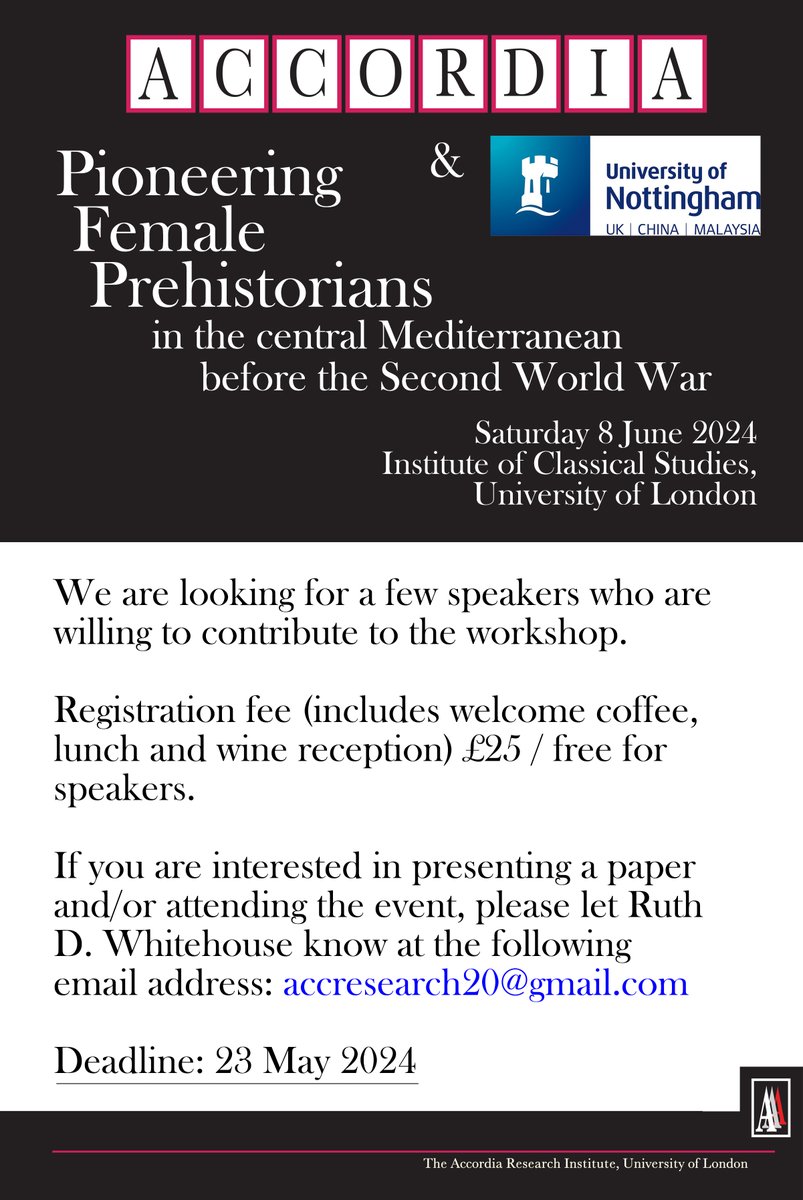 FabioSaccoccio's tweet photo. Workshop 'Pioneering Female Prehistorians in the Central Mediterranean before the Second World War', London, 8 June 2024
CfP and registration info 👇
@UoNArch @UCLarchaeology @LeverhulmeTrust   @UCamArchaeology @school_of_arch @ArcDurham  @archaeologyEAA @CambUP_Archaeo https://t.co/Vx6TCOmnPF