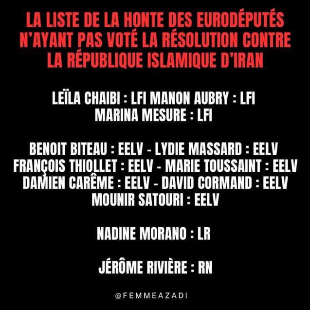 La condamnation à mort de Toomaj est une violation choquante des droits de l'homme en Iran. Pas de tolérance pour les intolérants, n'est ce pas #EELV ? 2 réponses nécessaires à apporter ➡️ Intervention diplomatique immédiate de la France et de l'UE en faveur d'une libération…