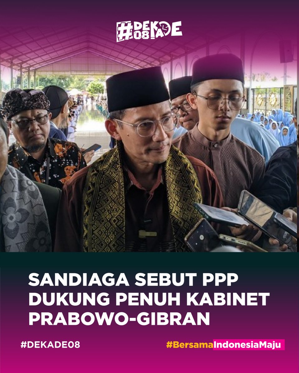 Sandiaga Salahuddin Uno menyebut Partai Persatuan Pembangunan (PPP) memberi dukungan penuh ke kabinet Prabowo Subianto-Gibran Rakabuming Raka. Hal itu disampaikan saat kunjungan kerja ke ke Ponpes Nurul Haramain NWDI Narmada, Lombok Barat, Nusa Tenggara Barat (NTB), Jumat