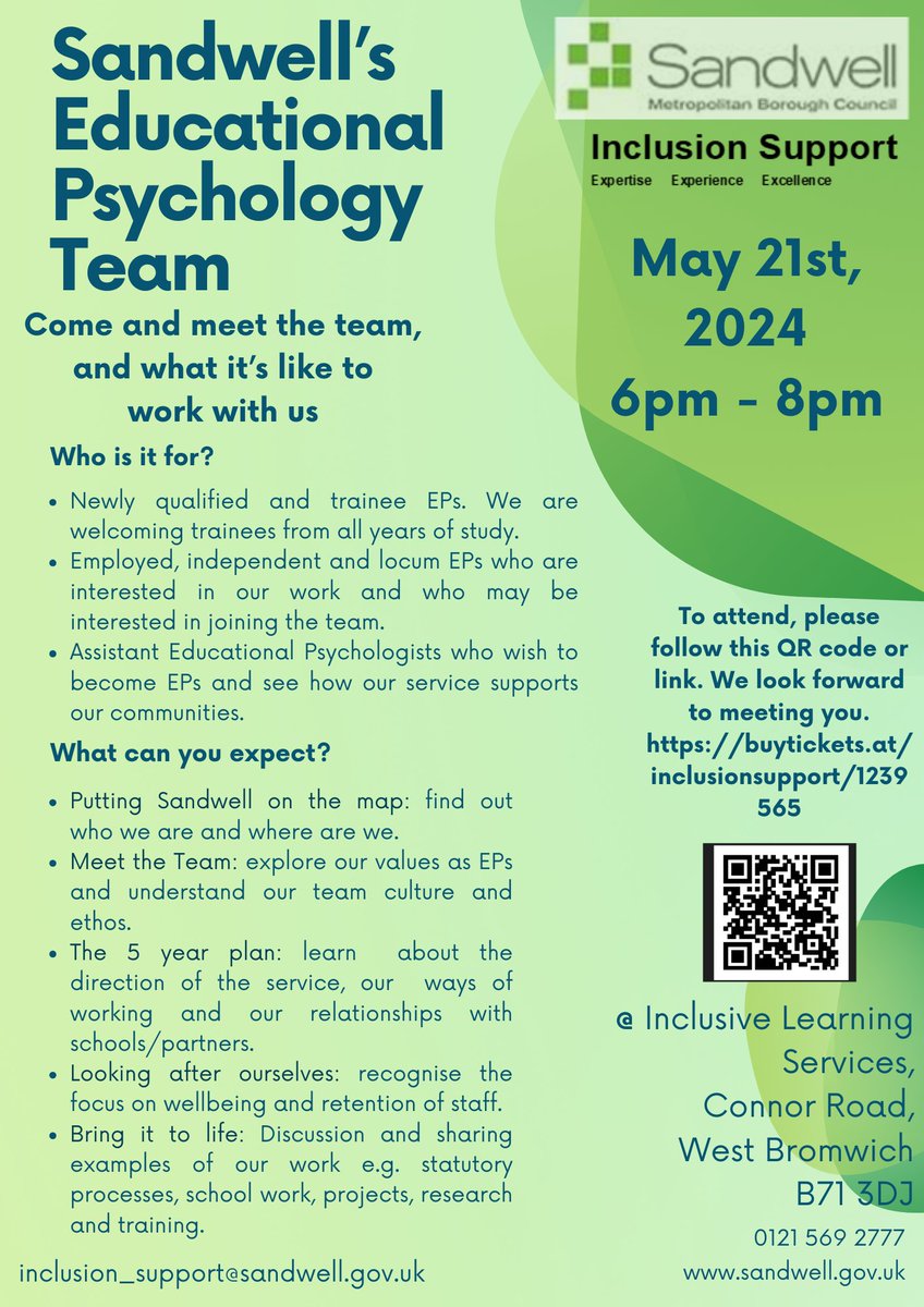 We are excited to invite aspiring, prospective, and qualified educational psychologists to come and meet the Sandwell team, and find out what it is like to be an EP with us. If you're interested please scan the QR code below to book onto the event 🙌 #twittereps