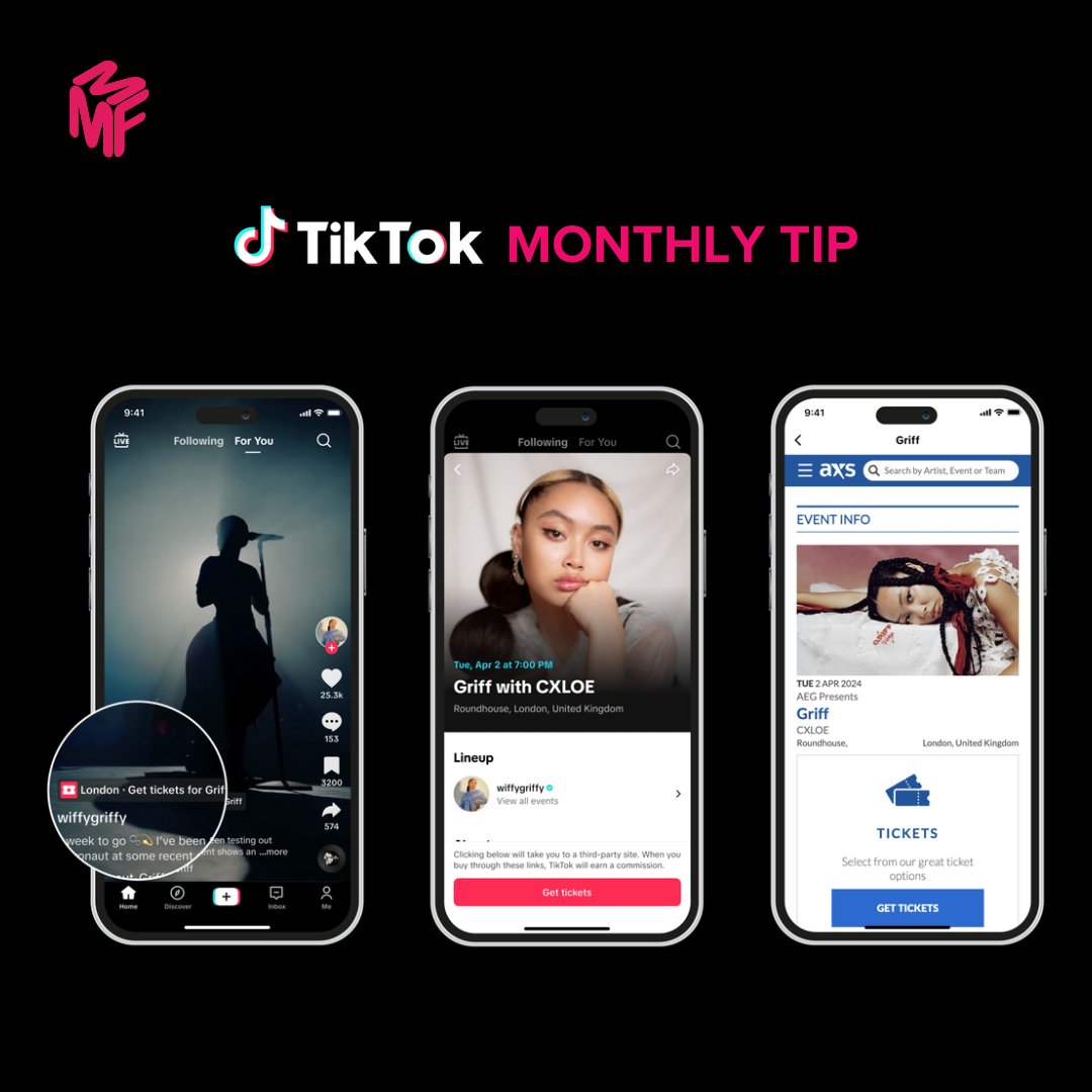 As part of its #OnTour campaign, TikTok has announced a new partnership with AXS. Certified artists can now add an AXS ticket link to their TikToks, allowing fans to discover and buy tickets for your artists' upcoming shows directly within the app. Certify your accounts now!