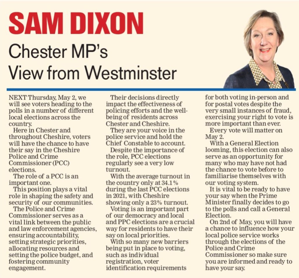 On 2nd of May, you will have a chance to influence how your local police service works through the elections of the Cheshire Police and Crime Commissioner. In this week's Standard column, I focus on the importance of the role of a PPC and the importance of voting.