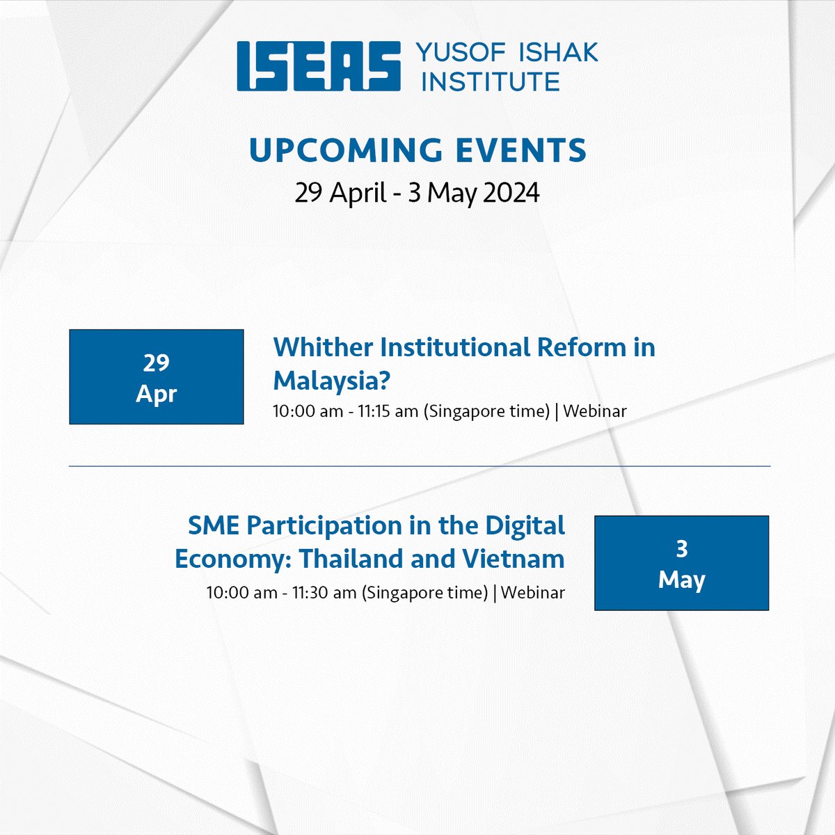 Upcoming next week – Webinars on Anwar Ibrahim’s government reforms in #Malaysia, and #Thailand and #Vietnam’s #SME participation in the digital economy. Full details at iseas.edu.sg/events/upcomin…