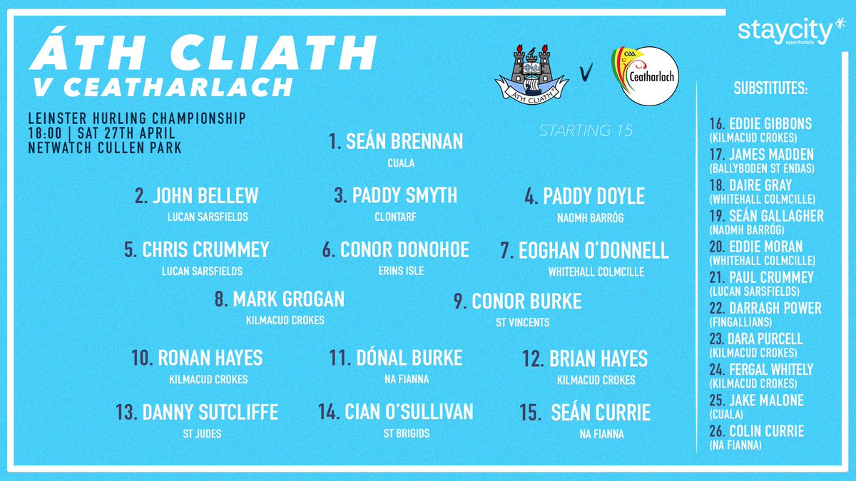 Micheál Donoghue has named his Dublin Senior Hurling panel for Saturday's Leinster Championship meeting with Carlow at Netwatch Cullen Park 👕 #UpTheDubs