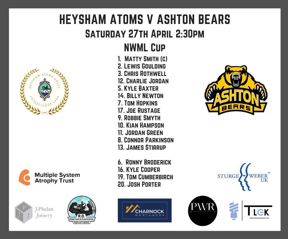 OPEN AGE TEAM NEWS Here's how we line up for tomorrow's trip to Heysham Atoms in the NWML Cup. Good luck to all the lads; get there and support them if you can. 👍🐻🏉