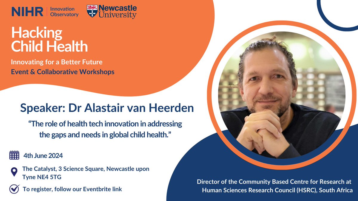 Our guest speaker, Dr Alastair van Heerden, will be joining us for “Hacking Child Tech”! 👀Alastair is Research Director of the Centre for Community Based Research at the @HSRCza with expertise spanning tech, development, & public health. Register👇 eventbrite.co.uk/e/nihr-innovat…