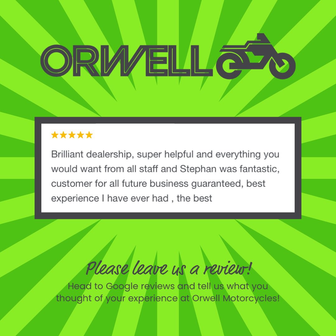 ⭐️⭐️⭐️⭐️⭐️
Thank you for the 5 stars!🤩

We really appreciate every review we receive - it really does help!
Please feel free to tell us all about your experience at Orwell Motorcycles by leaving a Google review!🏍️😁 

#fivestarreviews #orwellmotorcyclesltd