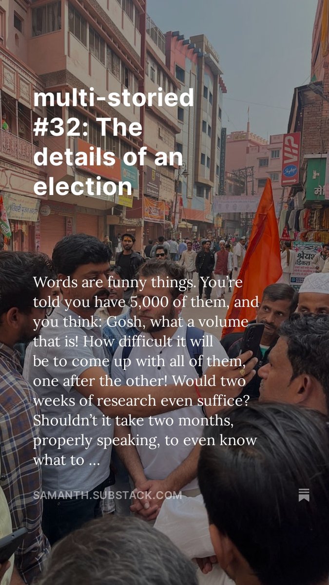 Newsletter klaxon! Outtakes from two weeks spent on the Rahul Gandhi beat in Delhi and Uttar Pradesh. Contents: cucumbers, first-principles conversations, a song, and 'Raag Darbari.' samanth.substack.com/p/multi-storie…